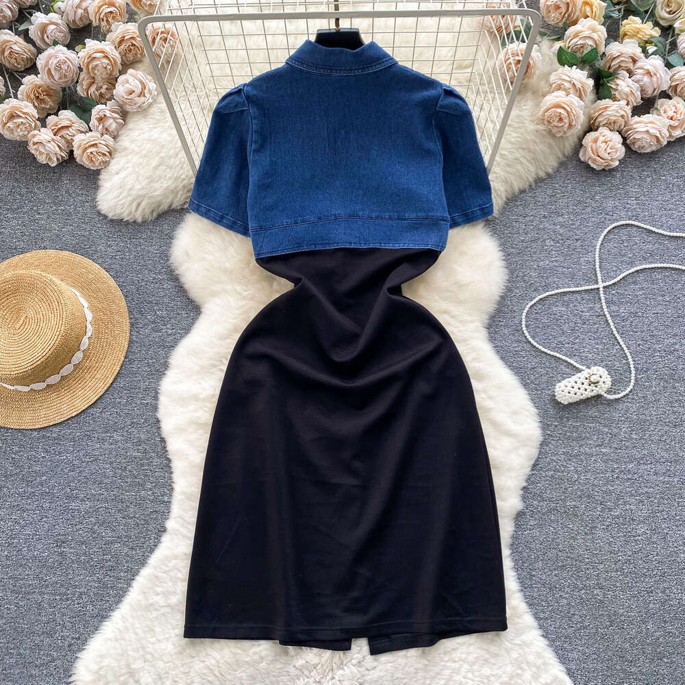Early Spring Korean Style Dressing Design Fake Two Denim Short Sleeves Contrast Colored Paired Buckle Mid length Elegant Dress