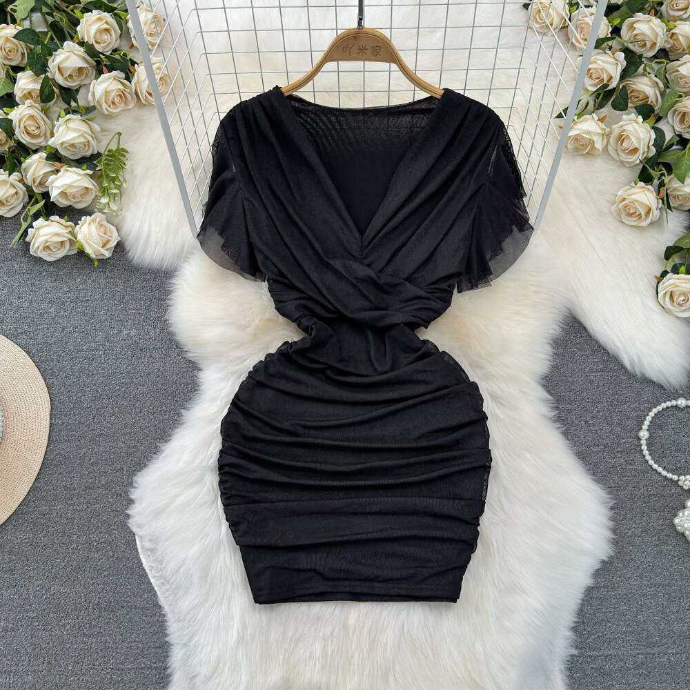 Fashionable and Sexy Flying Sleeves V-neck Low cut Waist Slimming Elastic Tight Wrap Hip Fold Mesh Bottom Dress
