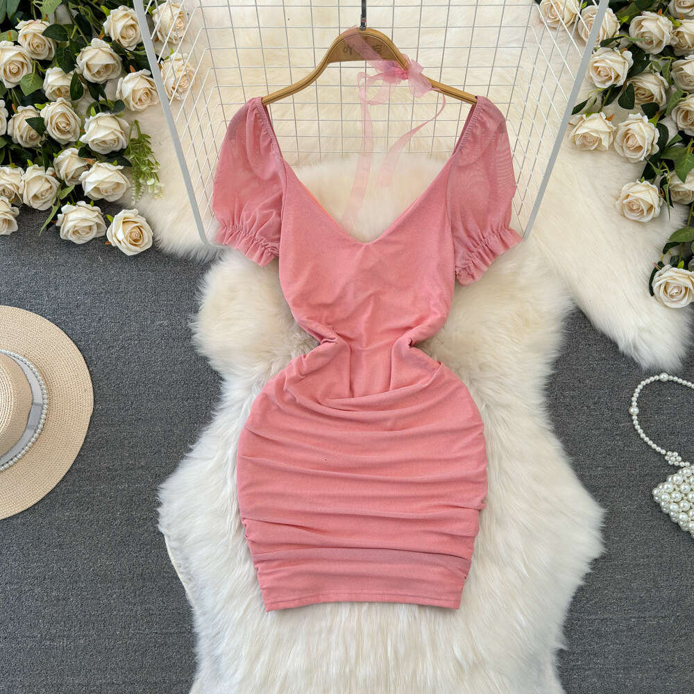 2024 Summer Fashion Pure Desire Sexy Nightclub V-Neck Waist Slimming Short Mesh Wrap Hip Bottom Dress