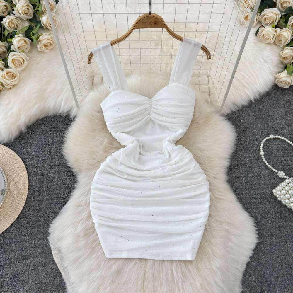 French temperament socialite sexy mesh suspender dress womens summer pleated waist slimming effect buttocks wrapped short skirt