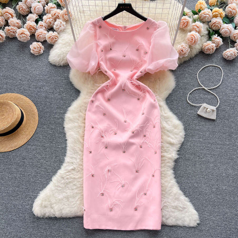 French haute couture heavy work nail diamond feather tassel round neck dress for women to show slimming temperament bubble sleeve dress long skirt