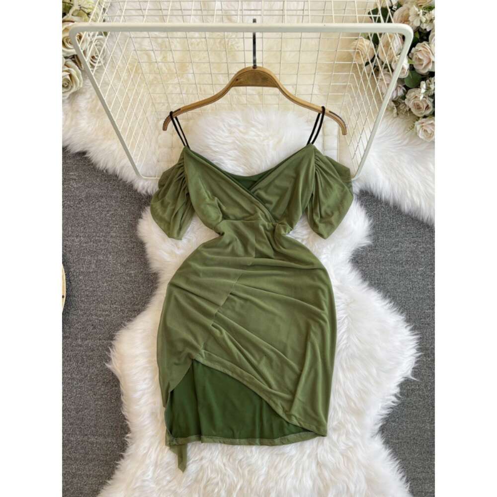 Summer Fashion Nightclub Sexy V-neck Low cut Waist Slim Look Short Style Slim Hanging Strap Hip Wrap Bottom Mesh Dress for Women
