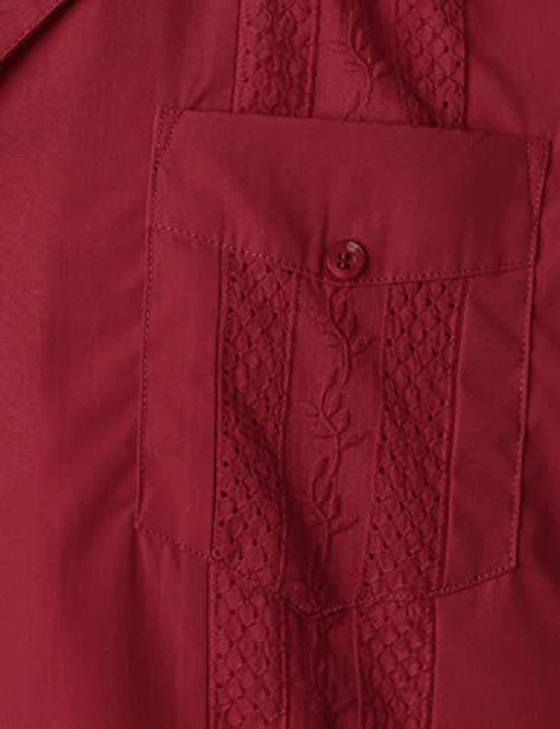 Wine Red Four-Pocket Cuban Guayabera Shirt Men Short Sleeve Camp Collar Shirt Male Embroidered Mexican Cigar Wedding Beach Shirt 240603
