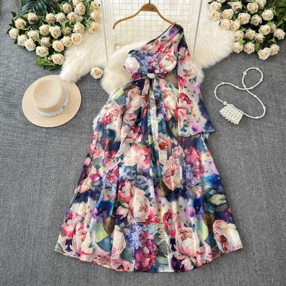 French court style dress summer dress womens design print button up slim fit long high-end dress holiday dress