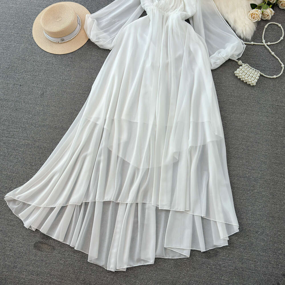Seaside Travel Photography Super Immortal Vacation Long Dress with Hanging Neck Open Back Waist Wrapped A-line Tail Flowing and Flowing Chiffon Dress