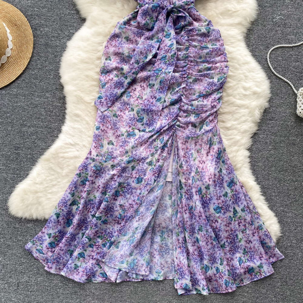 French gentle style high-end floral dress womens design sense pleated slim fit buttocks split fishtail skirt long skirt