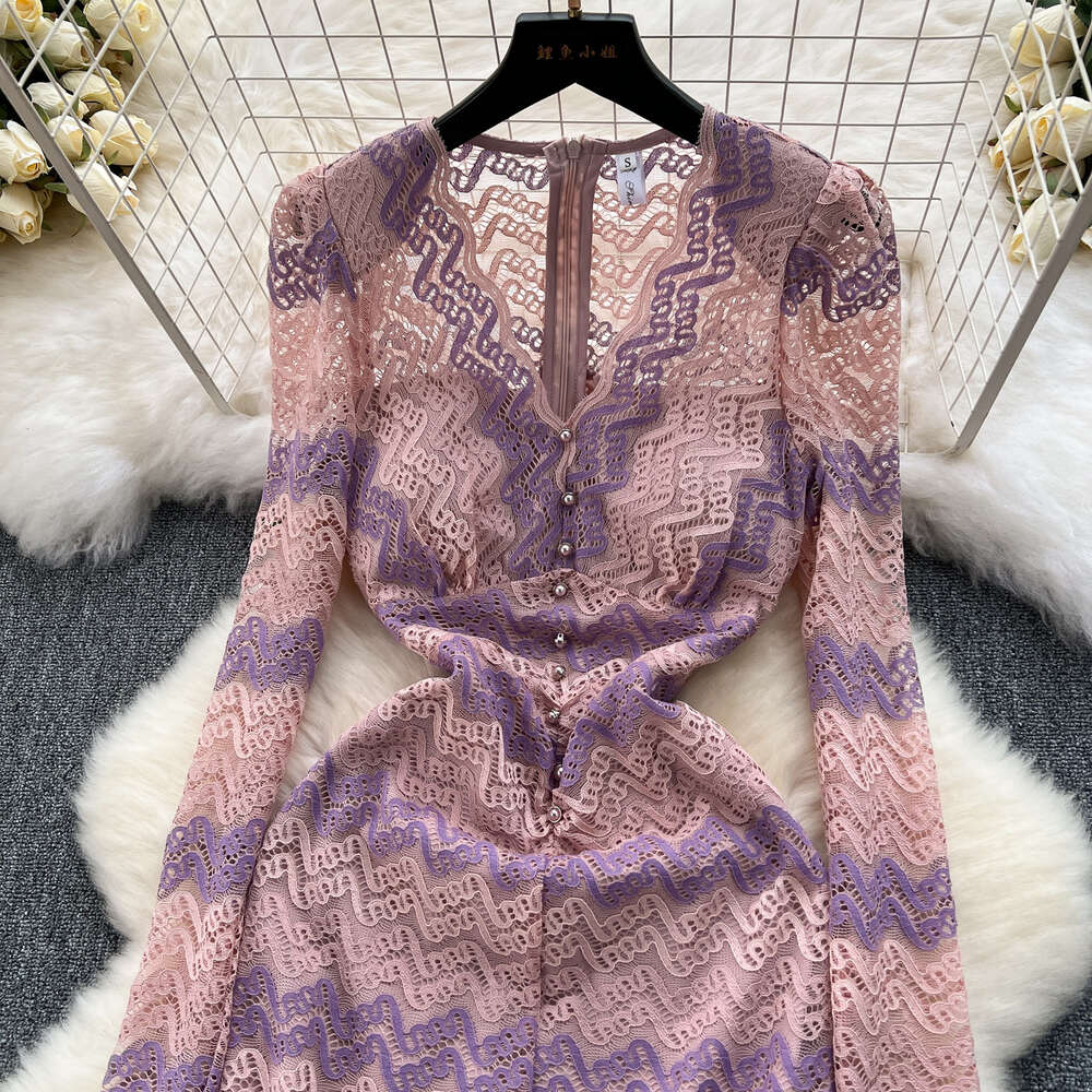 Light mature style womens clothing design with wavy edges V-neck buckle slim fit medium length lace fishtail skirt elegant dress