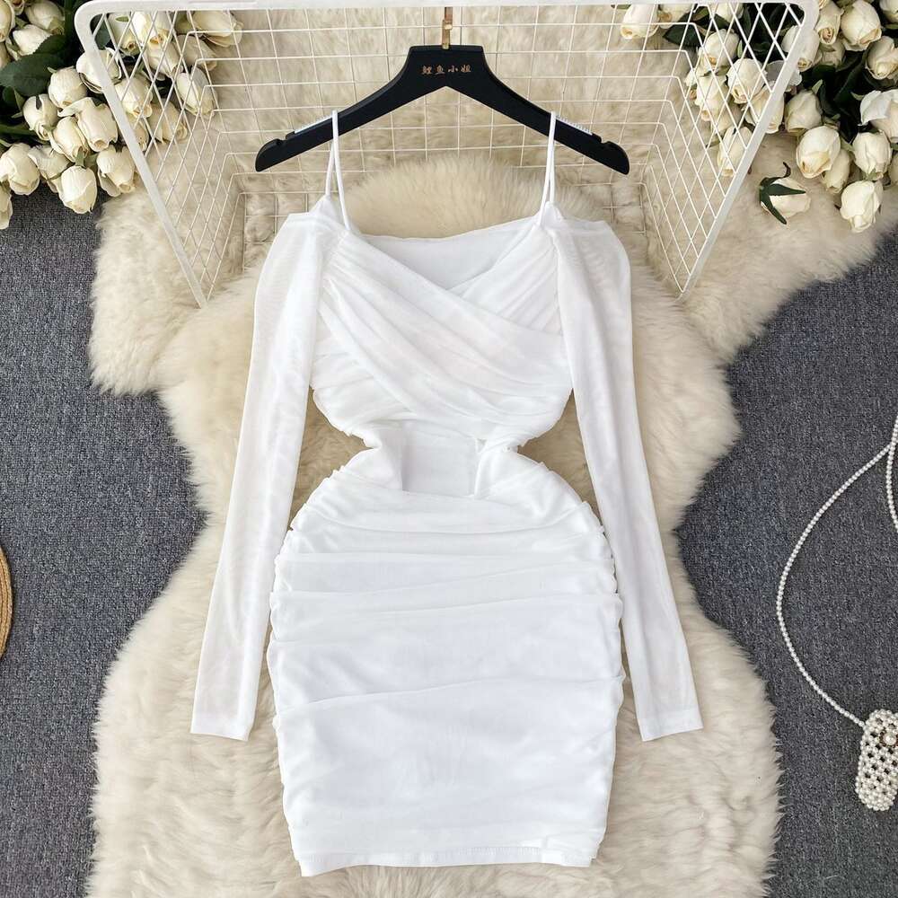 French Light Luxury Hanging Strap Mesh Dress for Womens Summer Design Sensibility Small Crowd Slim Waist Pure Desire Spicy Girls Hip Wrap Skirt