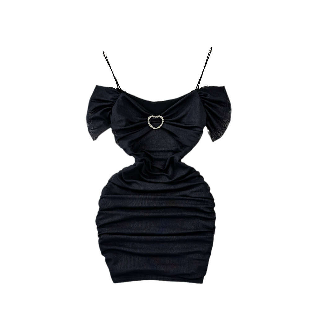 Fashionable design pure desire socialite temperament one shoulder off the shoulder waist up slimming effect short style buttocks wrapped mesh dress su