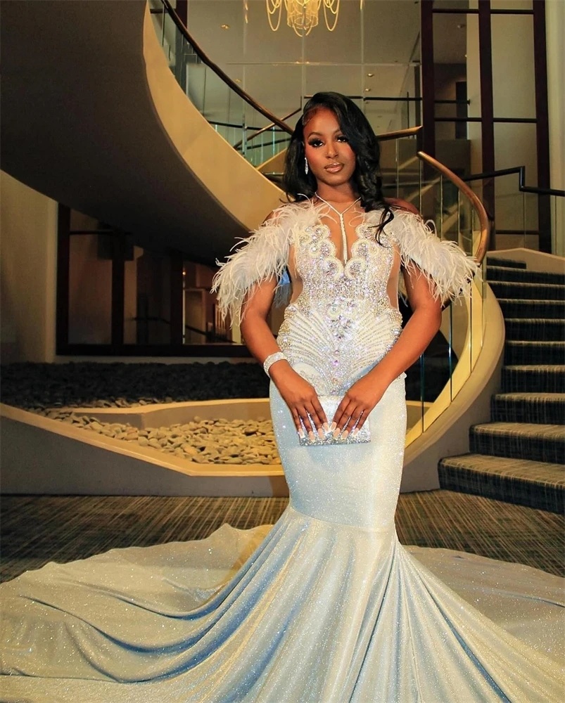 White Off The Shoulder Evening For Black Girls Beaded Crystal Birthday Party Gowns Feather Long Prom Dresses Robe De Bal