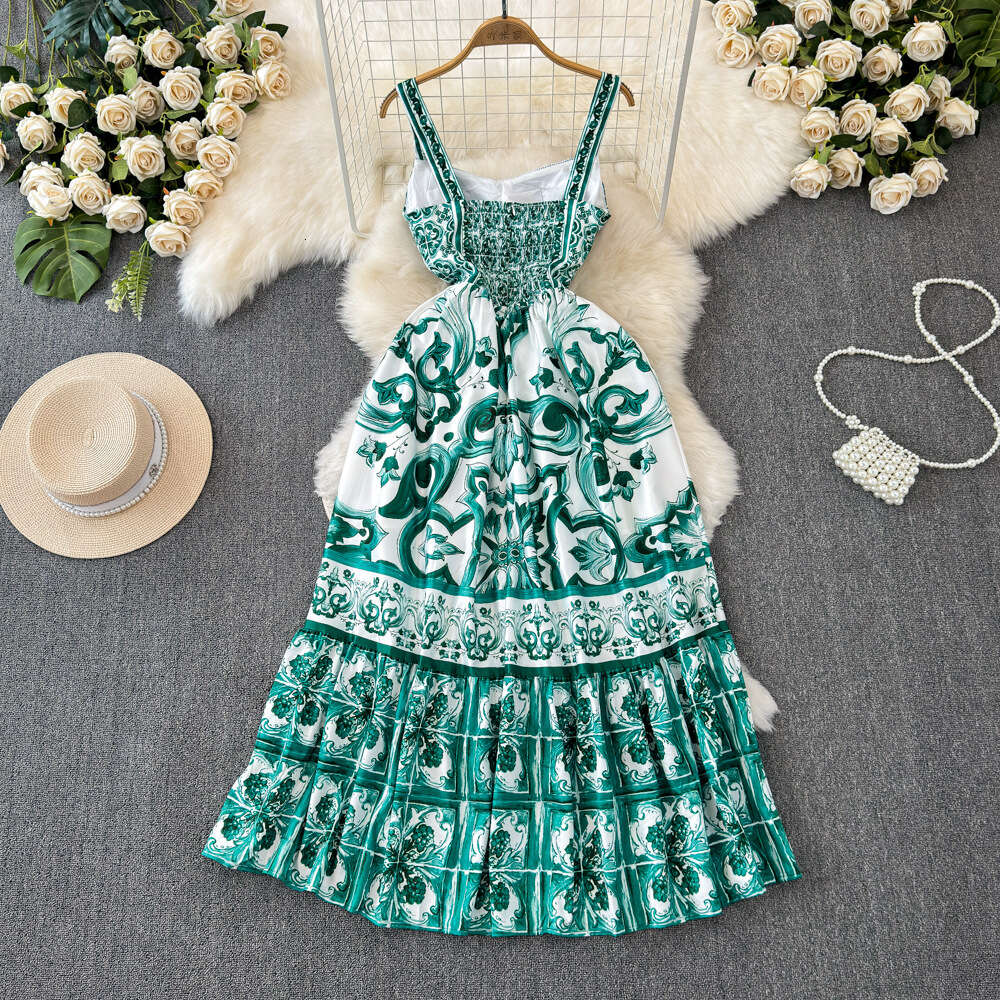 Ethnic style waistband slimming and elegant camisole dress for womens summer haute couture high-end printed stunning A-line long skirt