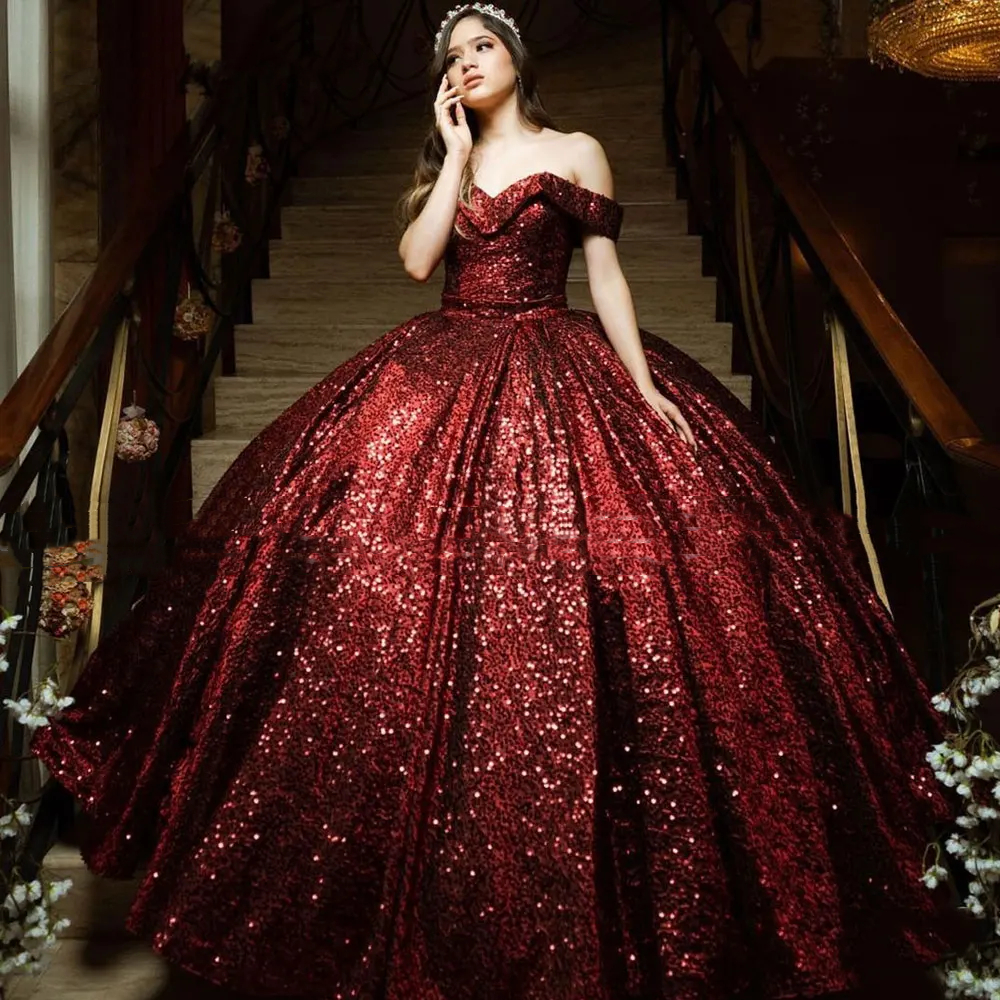 Sparkly Quinceanera Dresses 2024 Vestidos De 15 Quinceanera Off The Shoulder Wine Red Sequined Sweet 16 Dress Birthday Party Ball Gown Lace Up