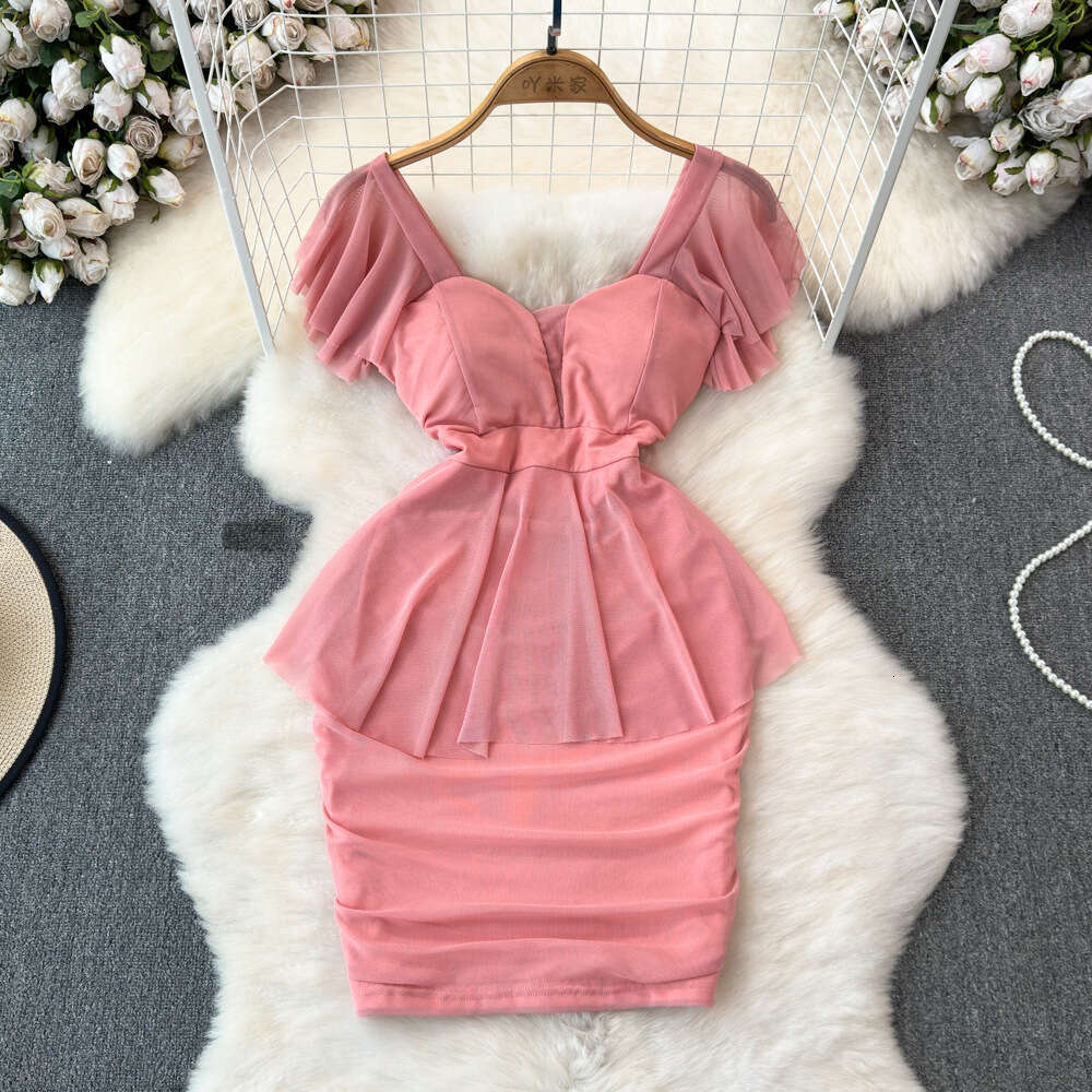 Summer Fashion Celebrity Style Lotus Leaf Sleeves Square Neck Waist Slim Wrap Hip Ruffle Edge Mesh Bottom Dress for Women