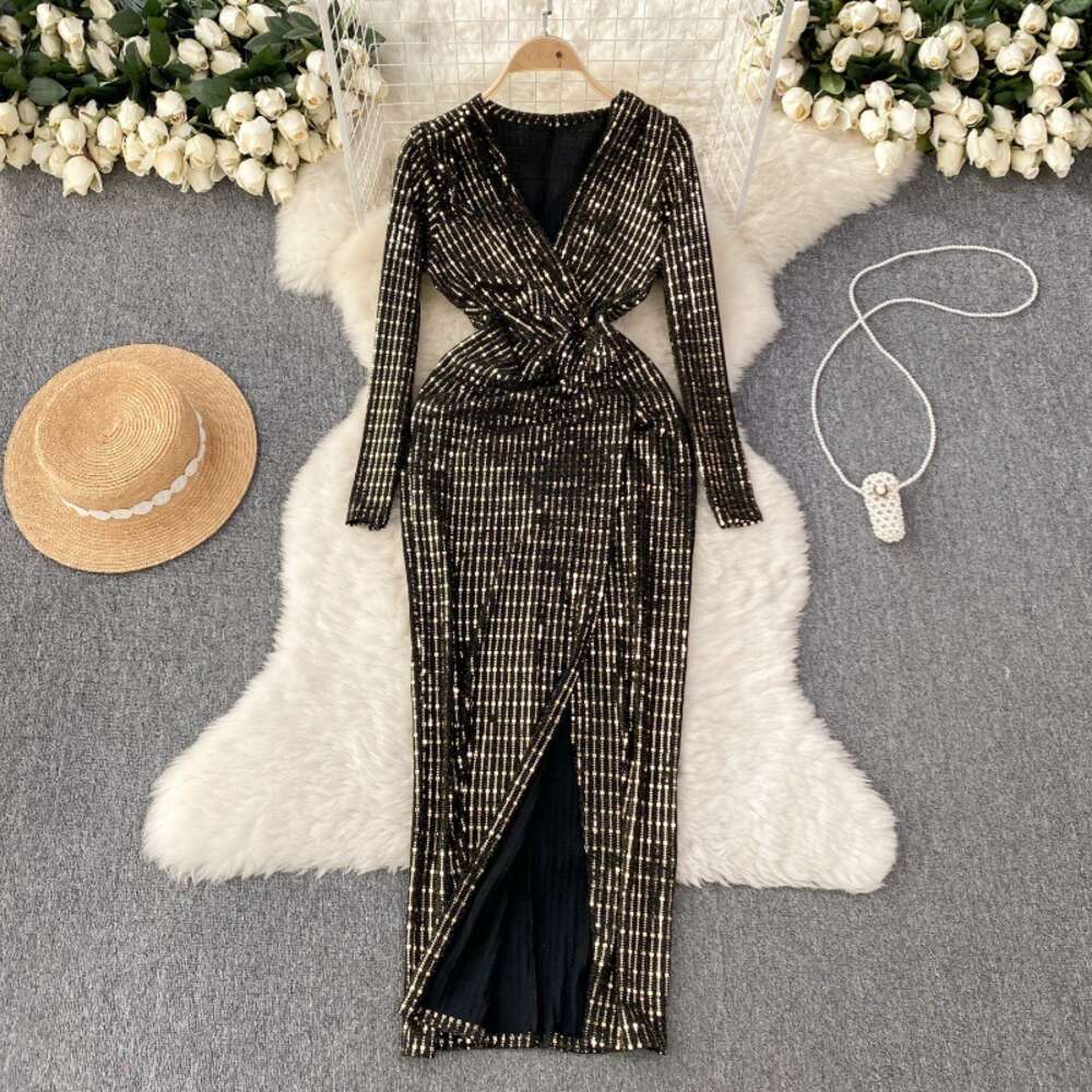 French Light Luxury Celebrity Style Luxury Dress Womens Autumn and Winter V-neck Split Design Small and Super Fairy Long Dress