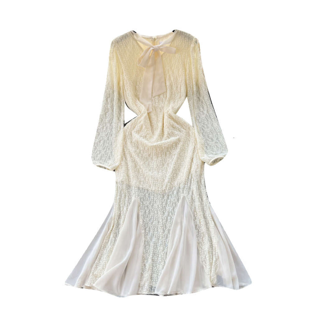 French Dress Womens 2024 New Sweet Bow Neck Slim Fit Mid length Chiffon Gentle Style Fishtail Dress