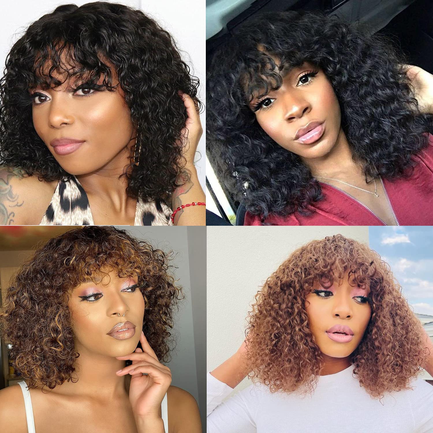 Curly Wig with Bangs Human Hair None Lace Front Glueless Short Kinky Curly Bob Wigs Afro Curly Wigs for Black Women Jerry Curly 200 Density Brown Mach