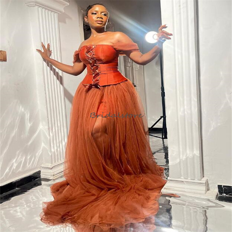 Sexy Tan Black Girls Prom Dresses Off Shoulders Plus Size Corset Evening Dress Aso Ebi Birthday Second Party Reception Formal Occasion Party Gowns 202