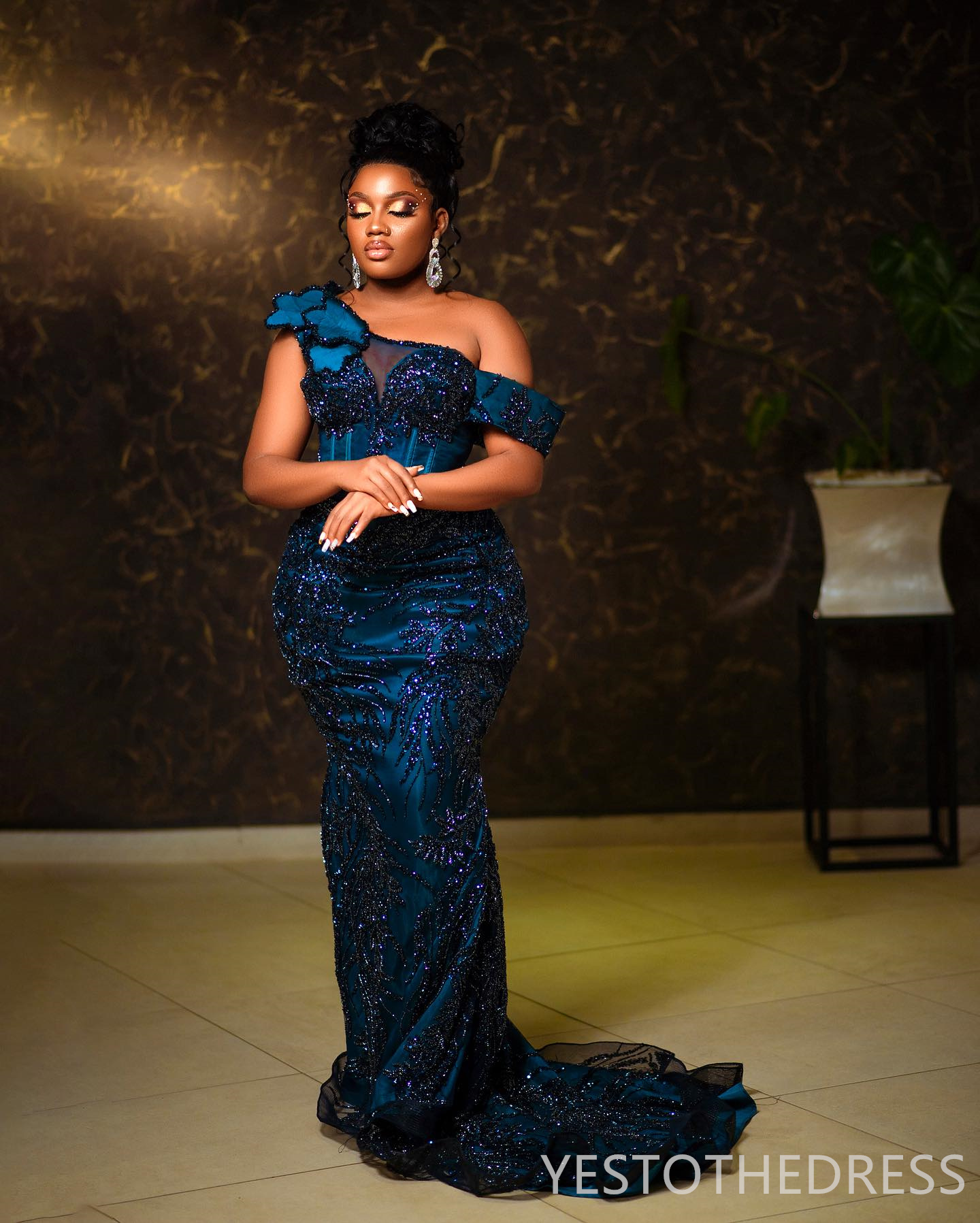 2024 Aso Ebi Prom Dress Navy Blue Mermaid Promdress One Shoulder Evening Formal Gowns Appliqued Beaded Lace Vestido De Sorrie Second Reception Gala Go