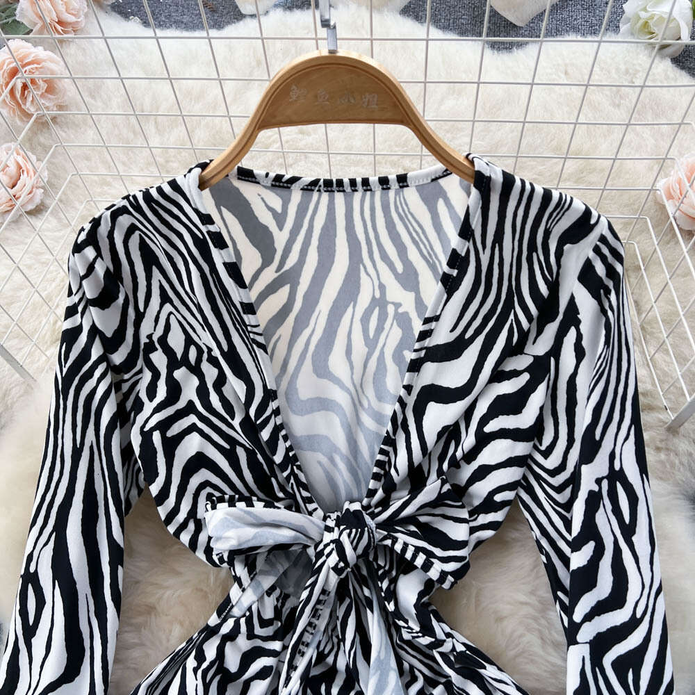 Spring and Autumn Spicy Girl Deep V-neck Hollow Tie Long Sleeve Zebra Print Tight Long Sleeve Wrapped Hip Dress