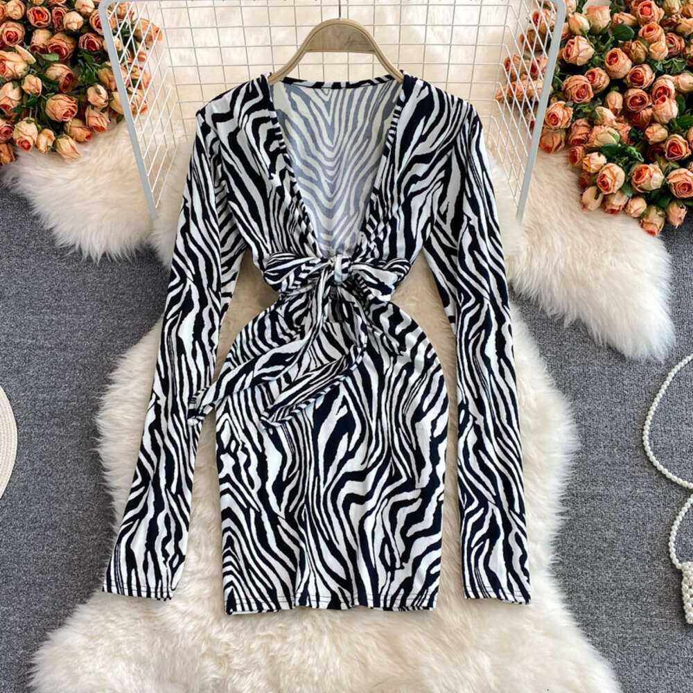 2021 autumn new style deep V-neck zebra long sleeve slim wrap hip dress womens tight bottomed skirt