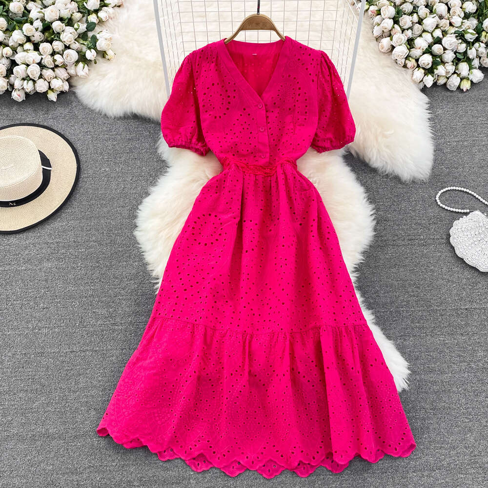 2023 Summer Elegant V-Neck Hook Flower Hollow Waist A Line Dress Elegant Beach Vacation Swing Long Dress