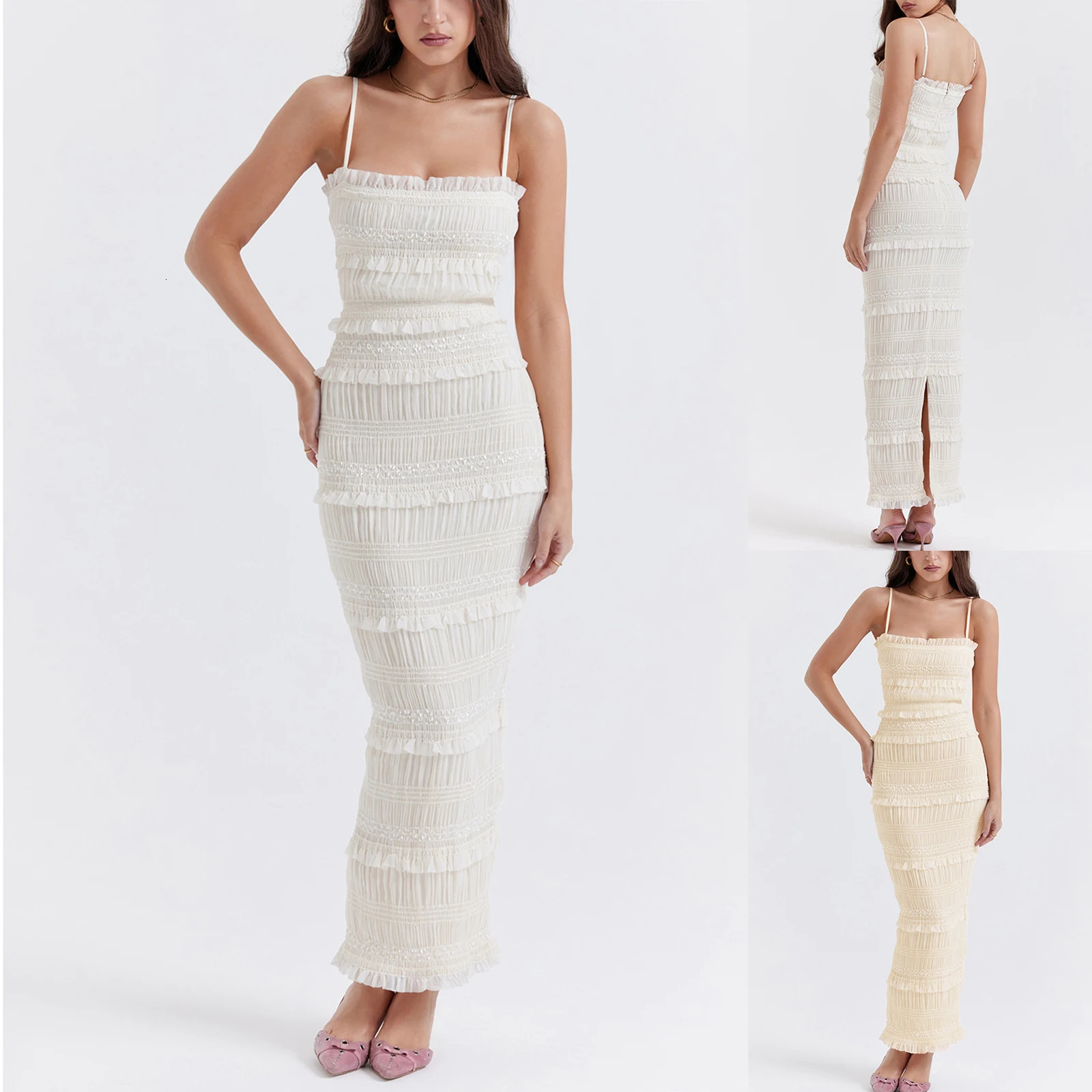 Women Summer Sheer Mesh Pleated Strappy Tiered Ruffle Lace Long Dress Y2K Spaghetti Strap Ruched Backless Boho Corset Party 240529