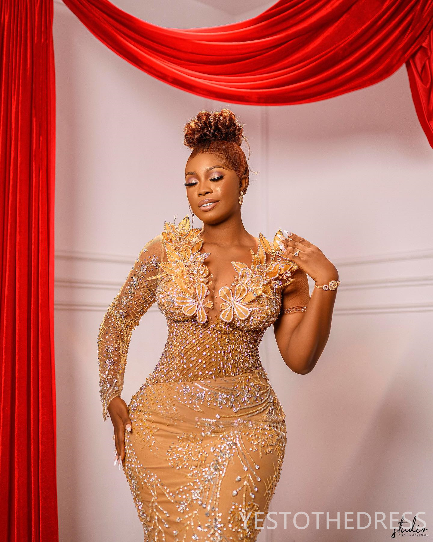 2024 Aso Ebi Prom Dresses Gold Mermaid Promdress Illusion Evening Formal Gown Sheer Neck Long Sleeves Beaded Lace Birthday Second Reception Gowns Gala