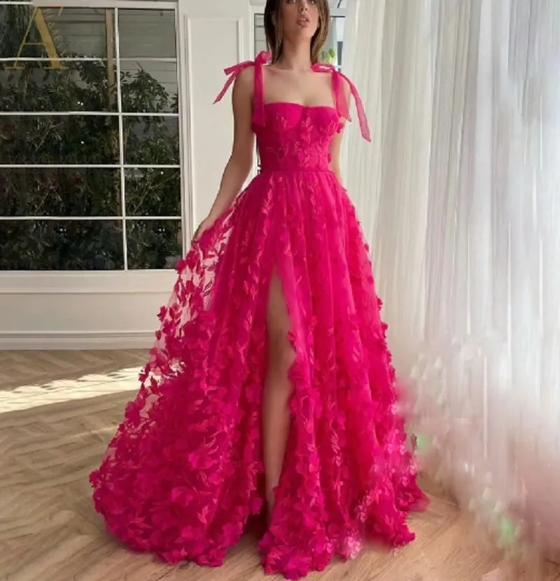 Fuchsia Floral Lace Long Prom Dresses Side Slit Sexy Spaghetti Straps Evening Dress for Women 2024 Formal Party Events Special Occasion Gown 2024