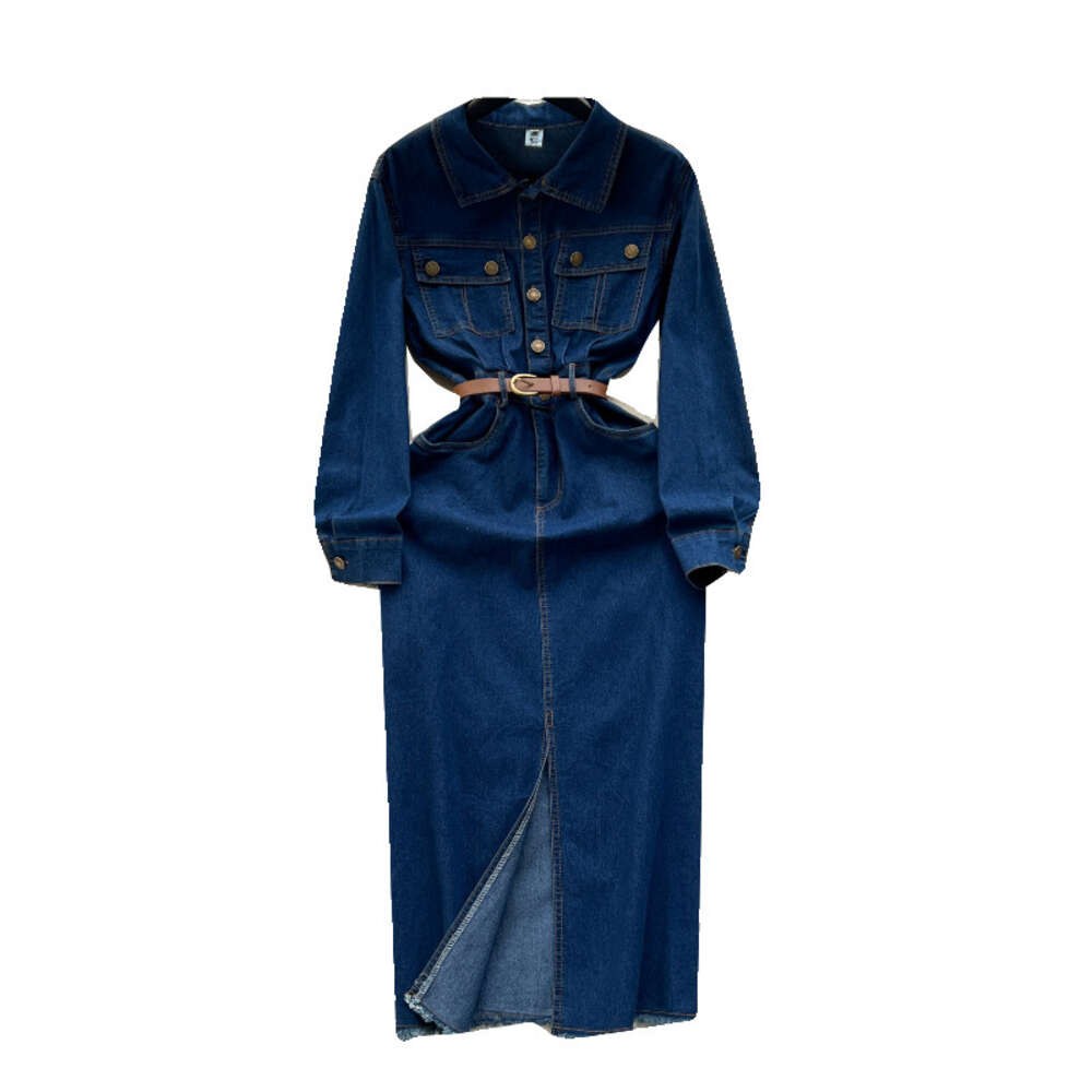Deep blue denim dress womens design sense pocket buckle slim fit mid length slit over knee skirt