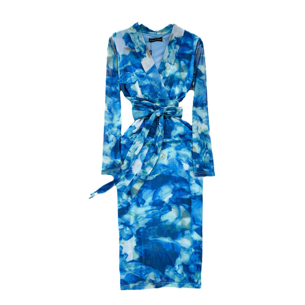 Feminine and socialite temperament long sleeved V-neck with waistband and slimming effect medium length halo dyed printed buttocks wrapped bottom dres