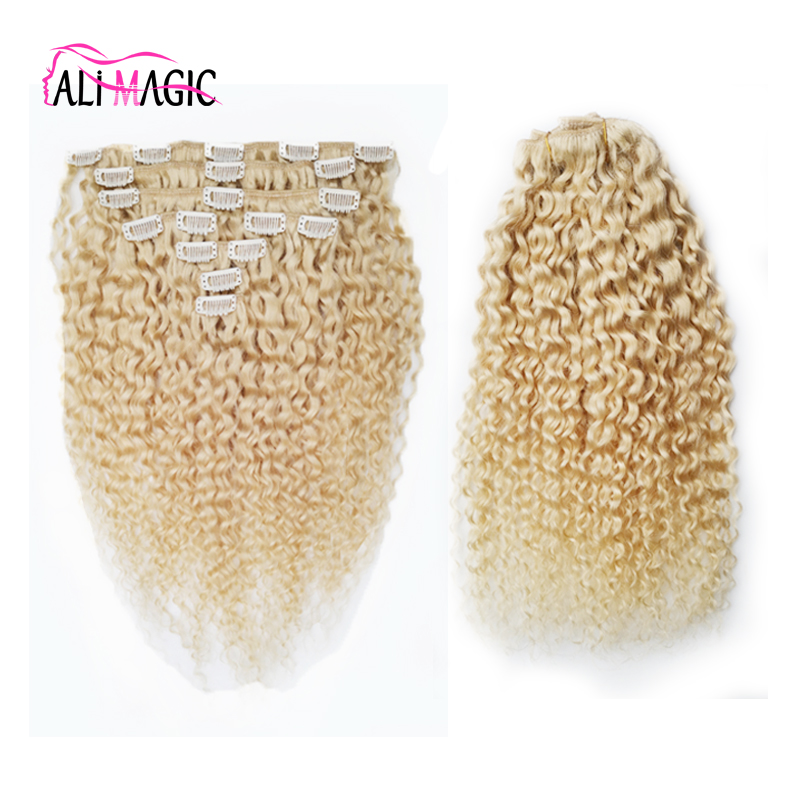 Mongolian Kinky Curly Hair Clip In Extensions Human Hair Blonde Natural Black Blonde Hair Clip Ins 4B 4C Human Hair Extensions 8 Pcs Set