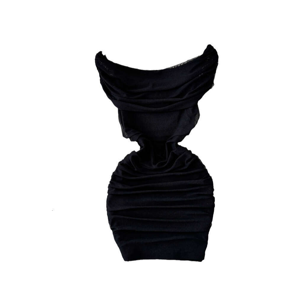 Summer Fashion Celebrity Elegance One Shoulder Off Shoulder Folded Waist Slim Wrapped Hip Mesh Bottom Dress