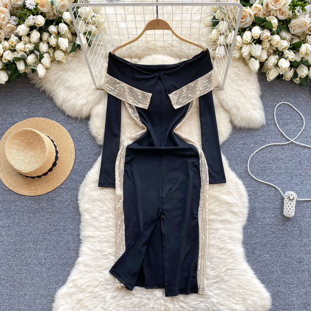 Light mature style womens clothing with a sense of luxury light luxury sequin color contrast splicing one line collar off the shoulder long sleeved dr