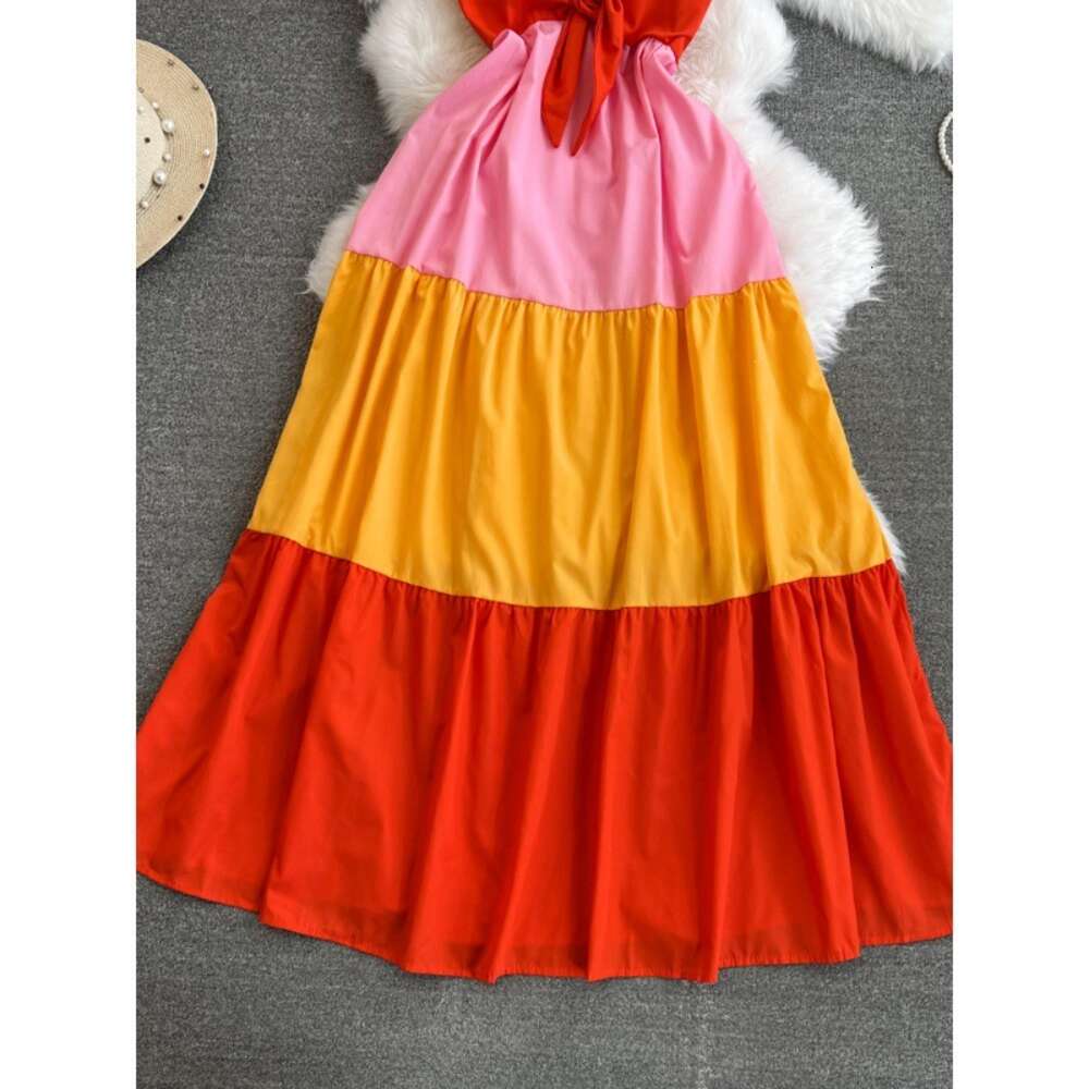 Bohemian color matching camisole dress Thai seaside vacation beach skirt Sanya travel photo long skirt