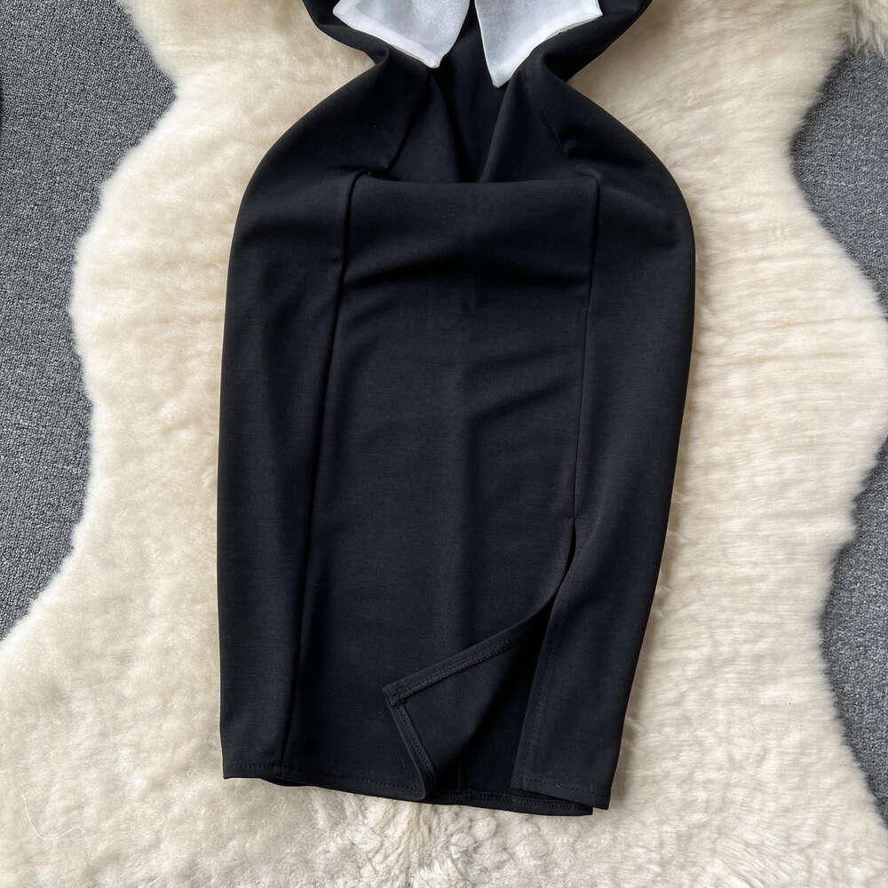 Hepburn style French elegant dress womens summer haute couture socialite temperament bow tie bubble sleeve slim fitting dress