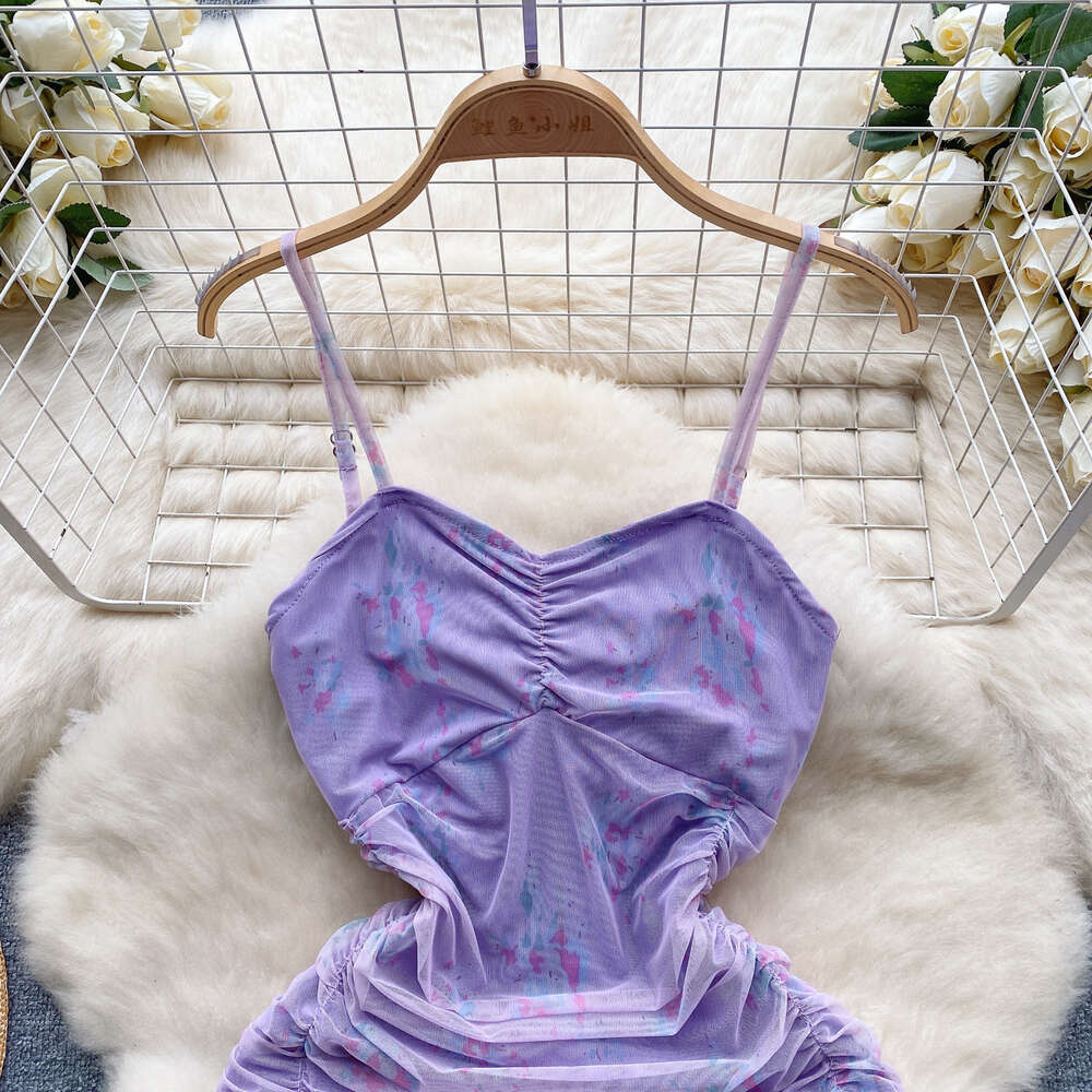 Purple dress for womens Instagram pure desire style slim fit strapless suspender pleated wrap buttocks skirt mesh spicy girl skirt