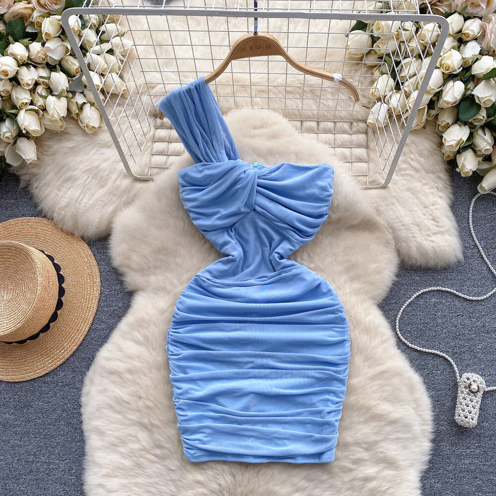 Bounce and wear high-end nightclub womens clothing with scheming pleats elastic mesh sexy buttocks wrapped skirt single shoulder suspender dress