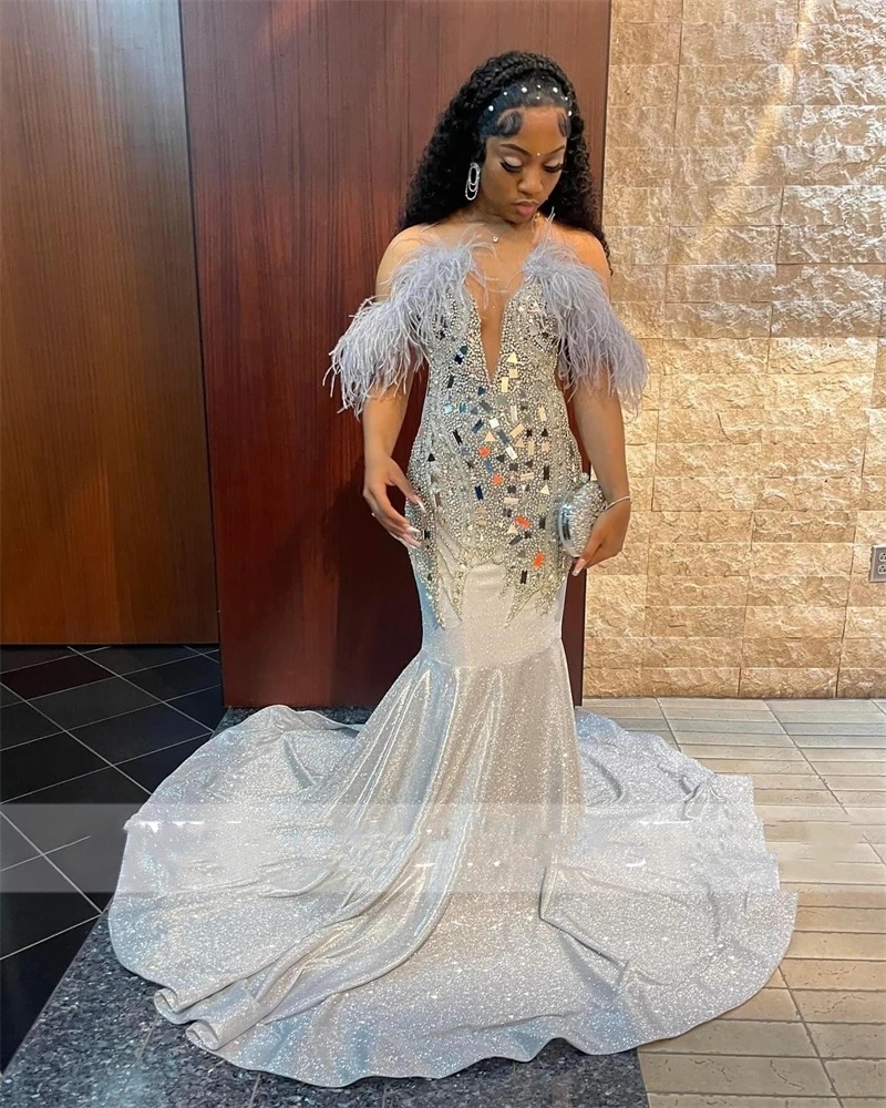 Sier O Neck Evening Dresses For Black Girls Beaded Crystal Rhie Birthday Party Gown Feather Long Prom Dress Robe De Bal