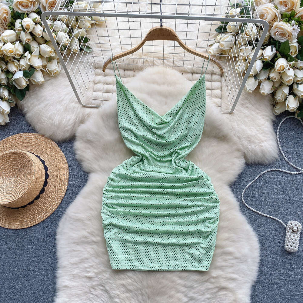 Nightclub womens light luxury sequin camisole dress womens scheming pleated slim fit short sexy buttocks skirt bottom skirt