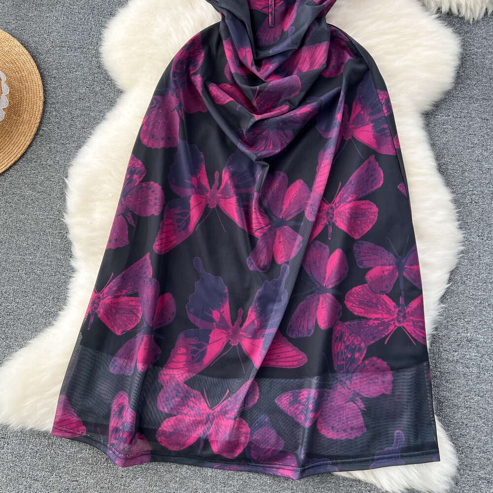 Tea break French style dress for women with butterfly print pleated waist slimming effect high-end sense suspender dress