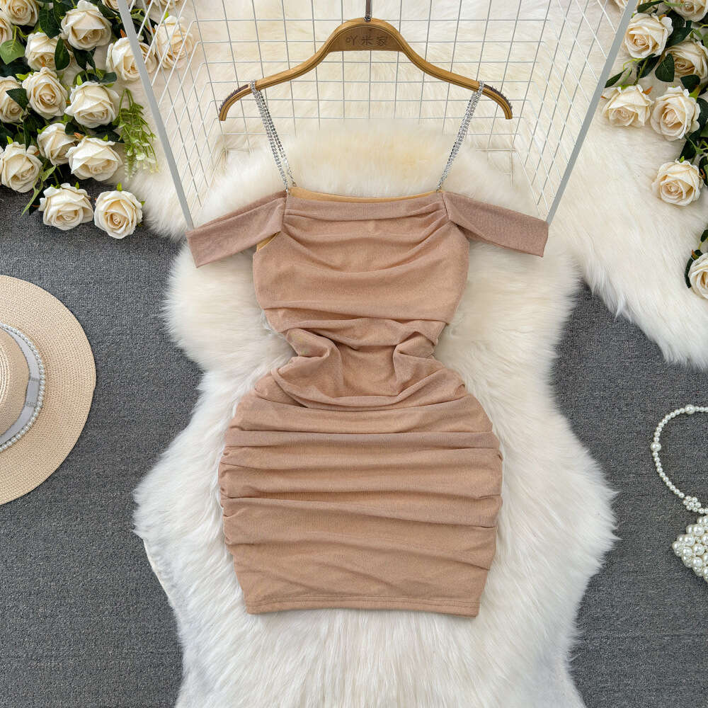 Summer Fashion New Sexy Nightclub Off the Shoulder Off the Shoulder Waist Slimming Short Mesh Wrap Hip Hanging Strap Dress