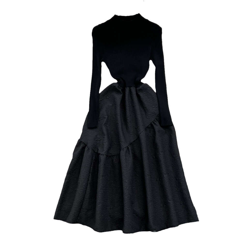 Autumn and Winter French Hepburn Style Long Sleeve Standing Neck Knitted Panel Waist Wrapped and Slim A-line Fluffy Jacquard Dress for Women
