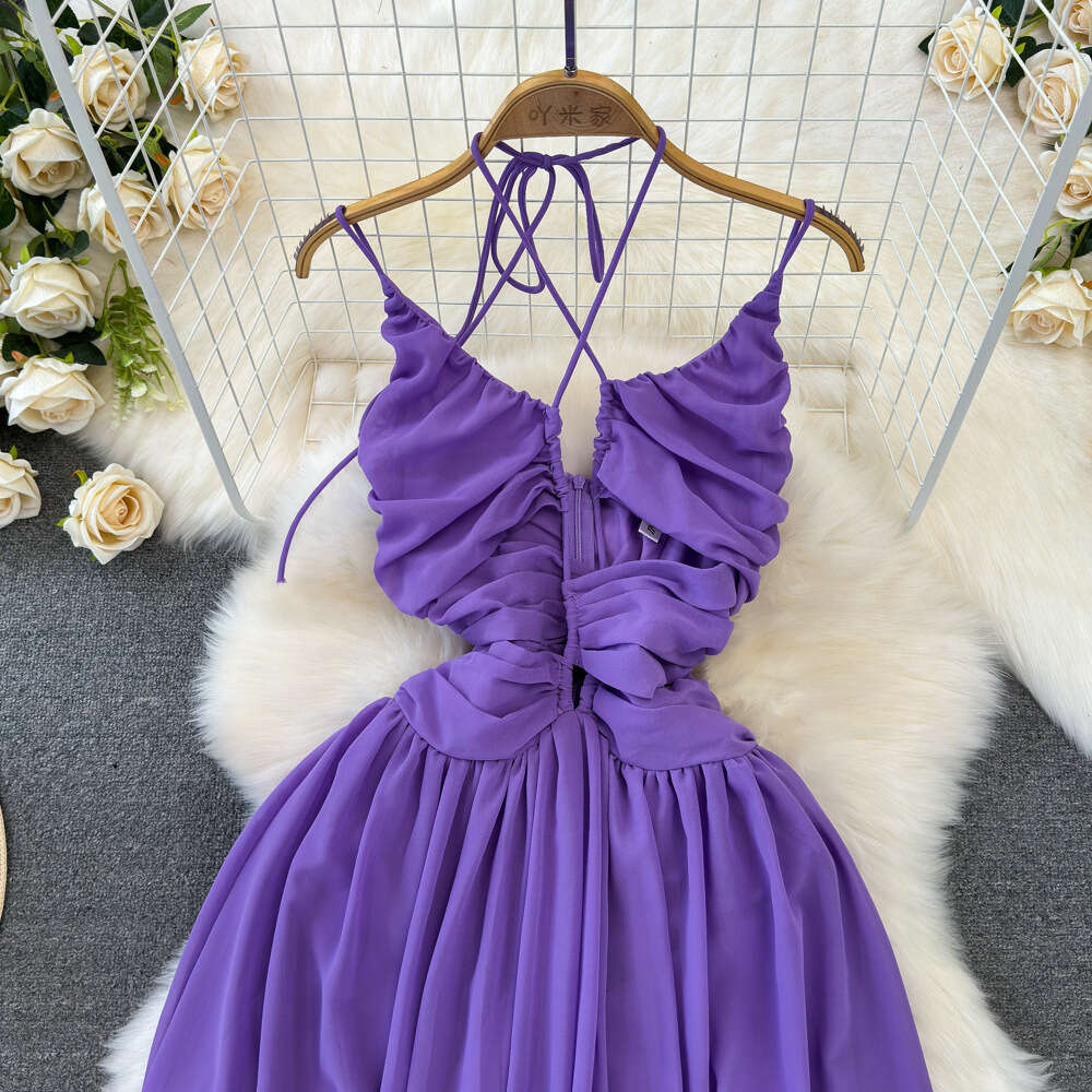 Gentle style hanging neck exposed back waist slimming A-line large hem dress seaside vacation beach dress elegant long skirt