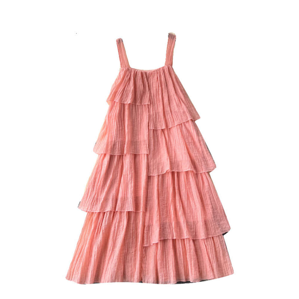 Korean holiday wear with a lazy design and irregular ruffled edges loose and slimming mid length suspender dress