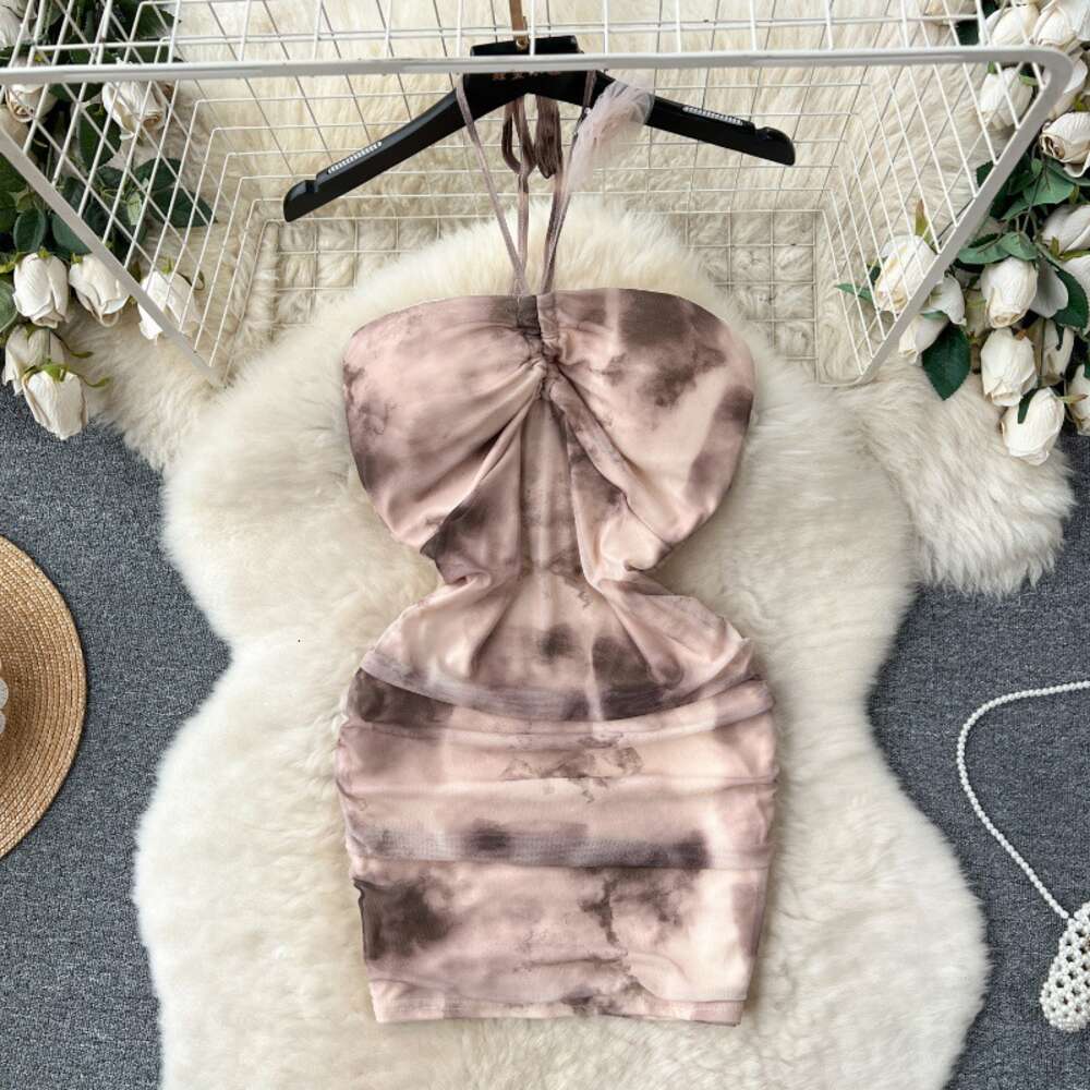 Pure Desire Wind 2024 New Dresses for Sweet and Spicy Girls with an Atmosphere Feeling Bra Neck Hanging Hip Wrapping and Mesh Vacation Dress