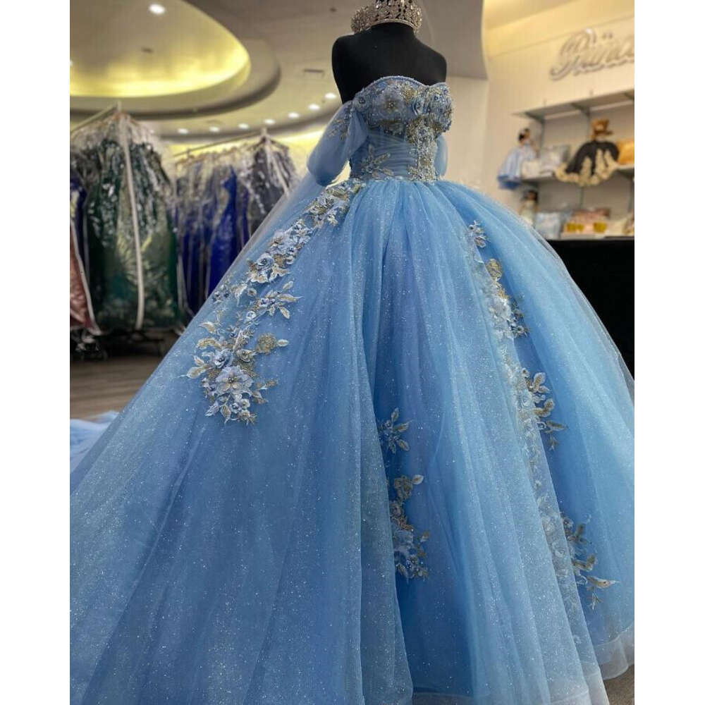 Blue Off Sky Shoulder Quinceanera Dresses Princess 3D Ral Applique Corset Vestidos De 15 Anos Con Mangas Sweet 16 0603