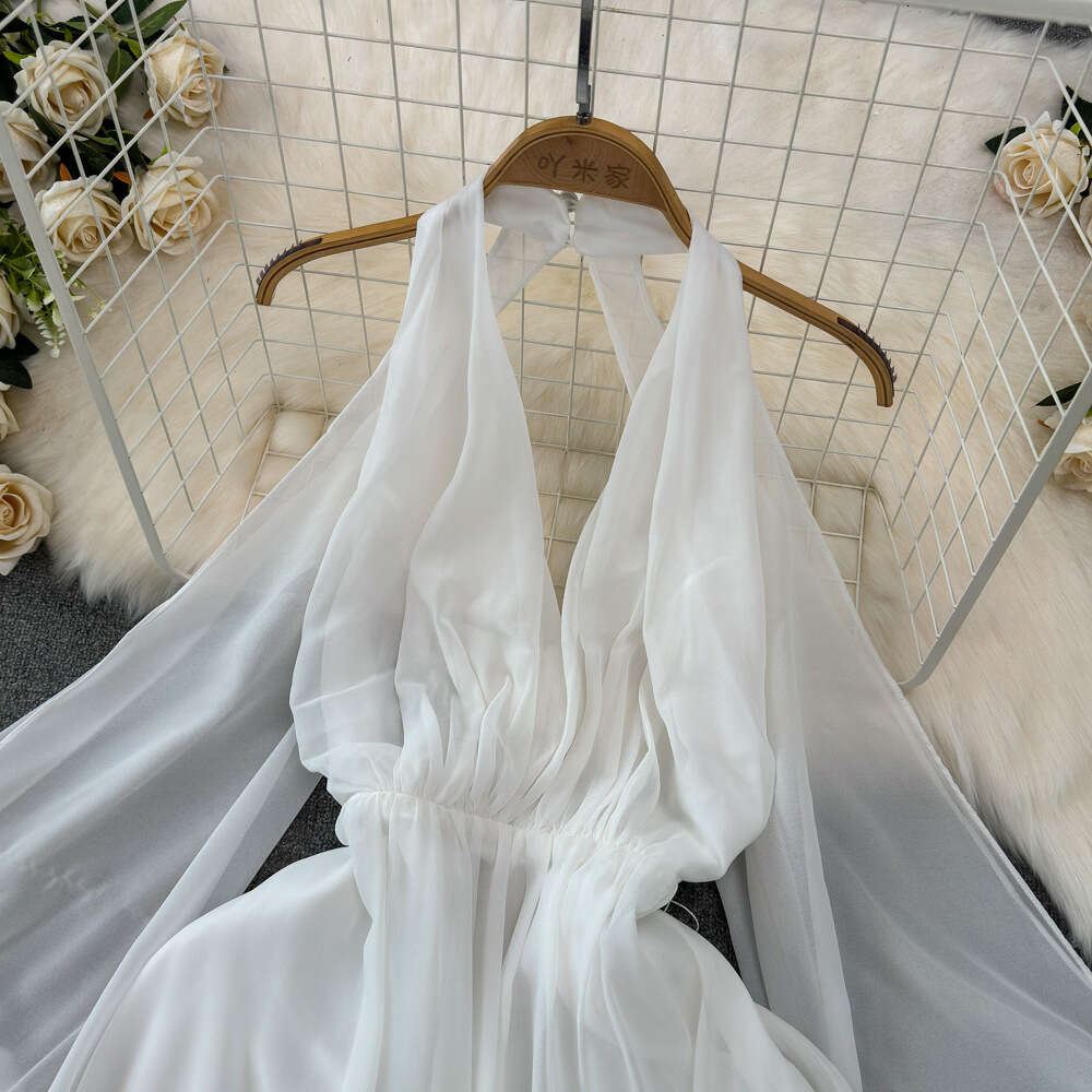 Seaside Travel Photography Super Immortal Vacation Long Dress with Hanging Neck Open Back Waist Wrapped A-line Tail Flowing and Flowing Chiffon Dress