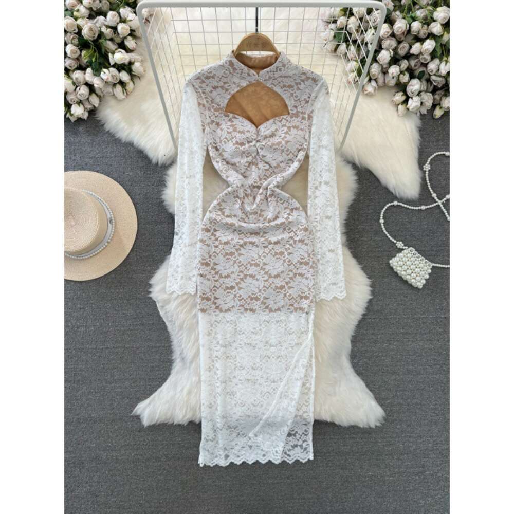Fashionable and luxurious temperament long sleeved stand up collar hollowed out waist slimming effect medium length slit wrapped buttocks lace dress d