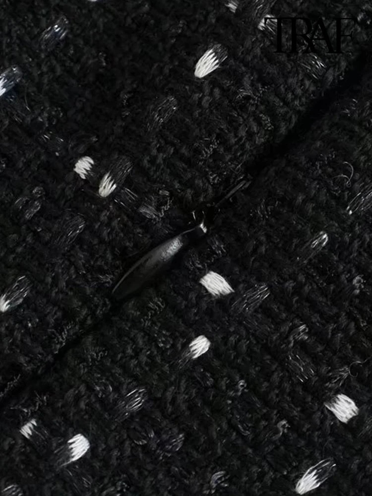 TRAF-Womens Faux Pearl Beading Tweed Mini DressBack Zipper Hollow Out Female Dresses Sexy Fashion 240529