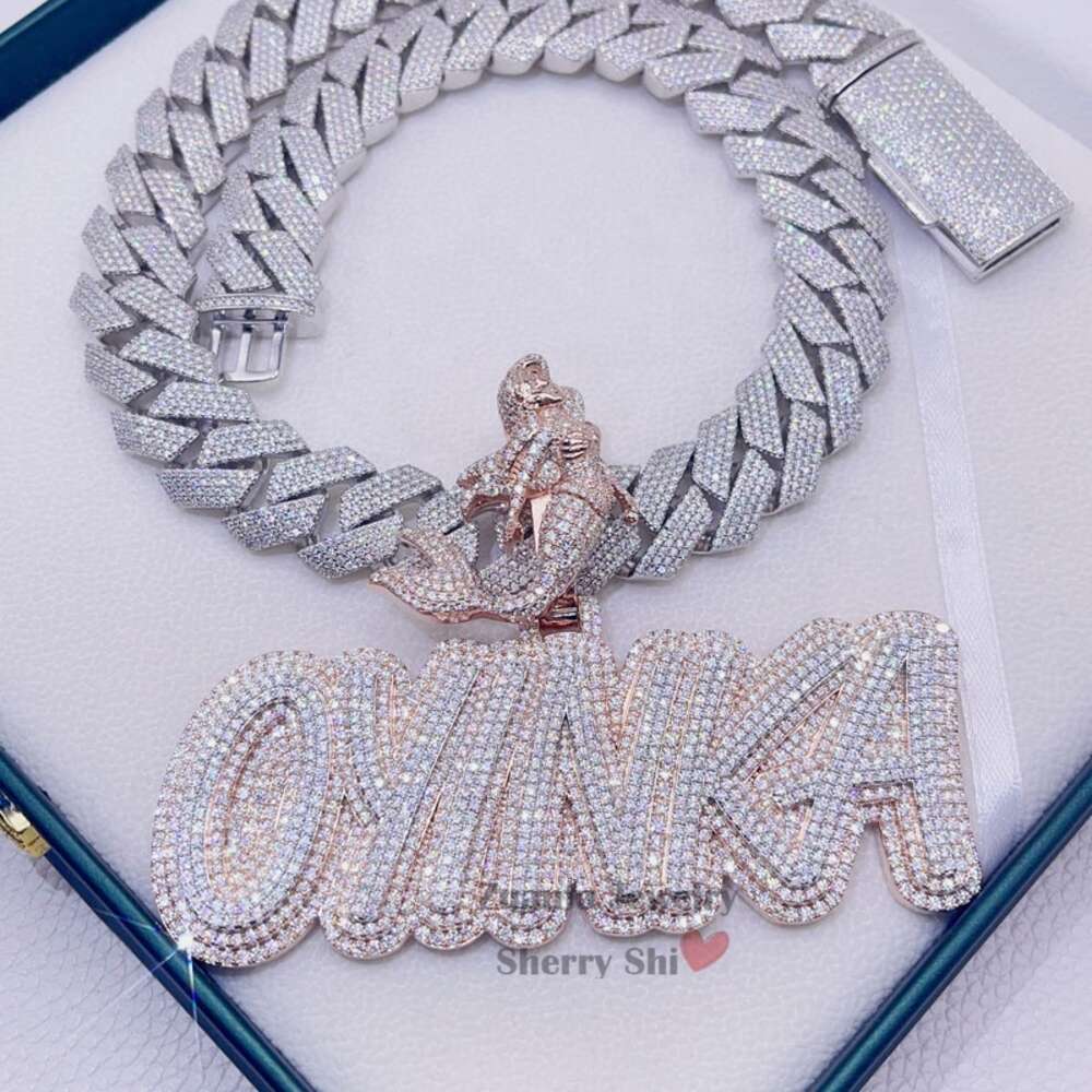 Rose Gold Plated VVS Moissanite Diamond Custom Iced Out Hip Hop Cuban Chain Name Letter Pendant Necklace with Mermaid Bail